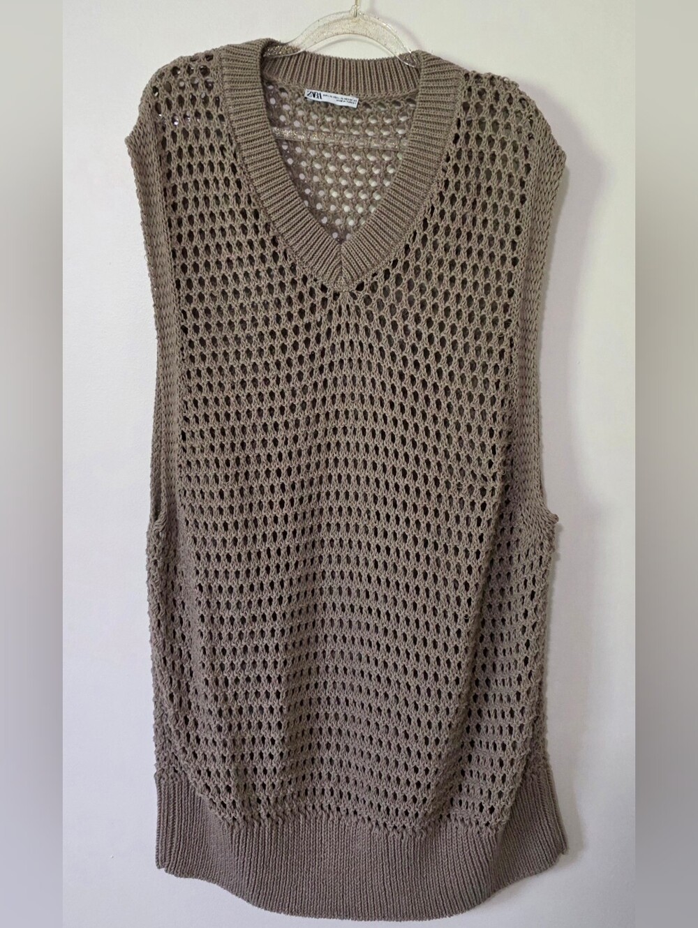 Zara Open Knit V-neck Sweater Vest Tunic Length Streetwear Boho Festival L/XL